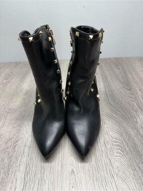 Catherines Black Pointed-Toe Ankle Boots with Gold Studs